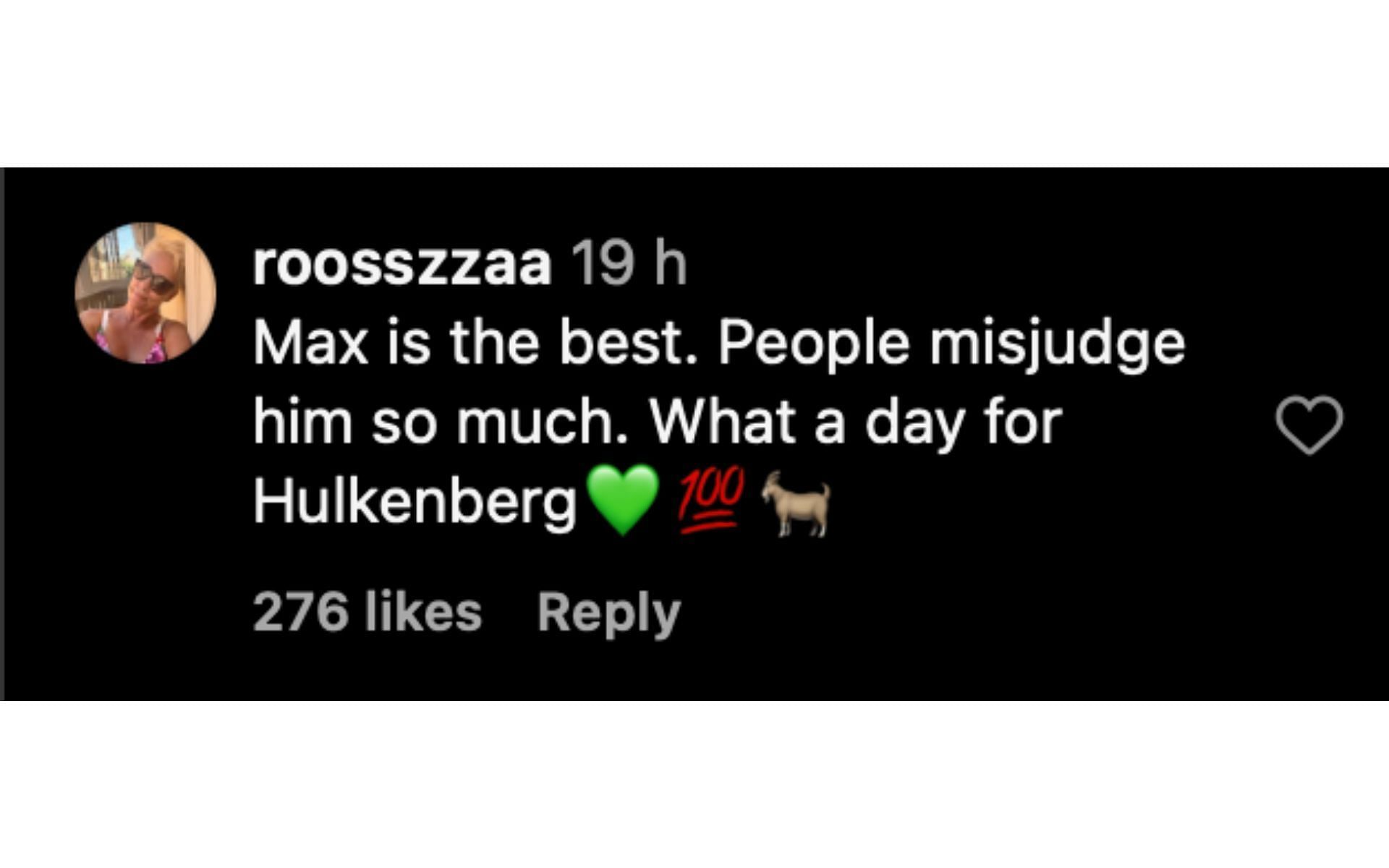 A fan's comment on Verstappen congratulating Hulkenberg for his podium at the British GP | Source: Instagram/@fastforwardnet